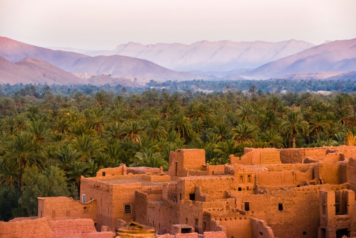 N'Kob Morocco kasbahs and palm oasis surrounded by the Saghro Mountains